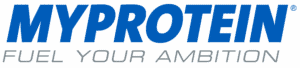 Logotipo de myprotein.de en azul, subtexto: Fuel your Ambition