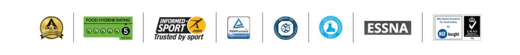 Logos und Zertifikate von Myprotein Produkten. u.a. Kölner Liste